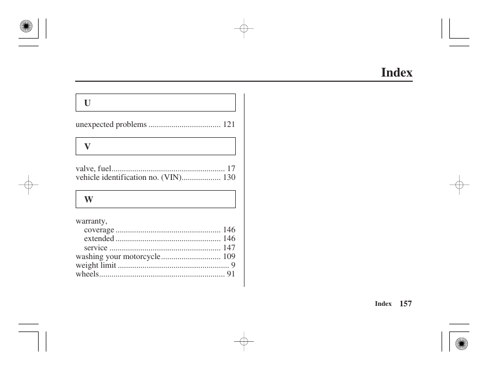 Index | HONDA CRF50F User Manual | Page 165 / 172