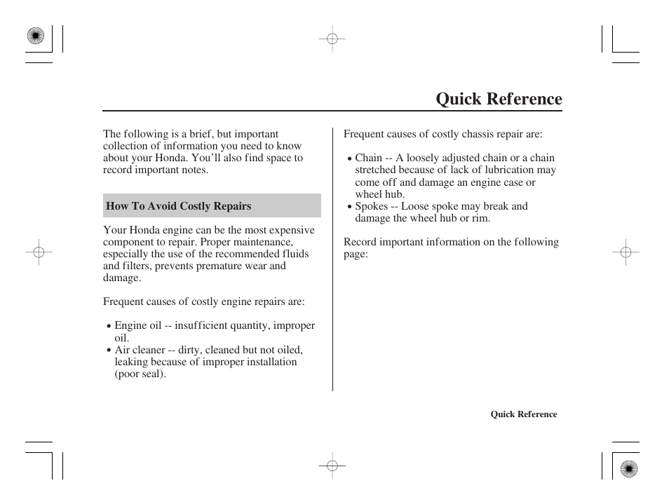 Quick reference | HONDA CRF50F User Manual | Page 169 / 172