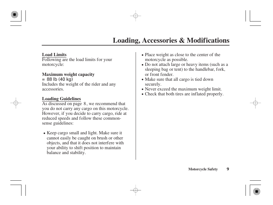 Loading, accessories & modifications | HONDA CRF50F User Manual | Page 17 / 172