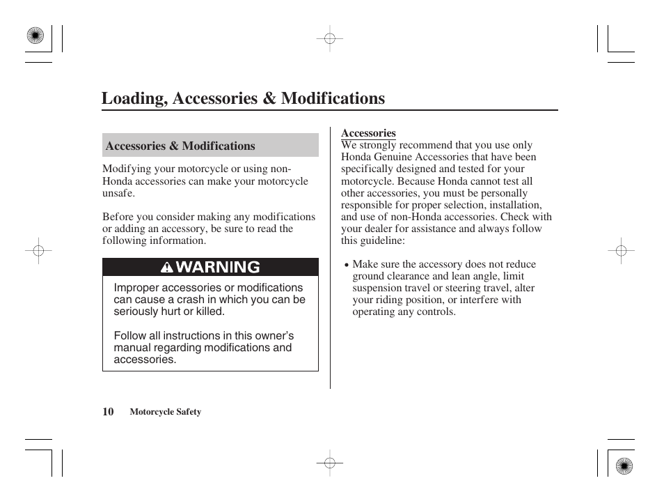 Loading, accessories & modifications | HONDA CRF50F User Manual | Page 18 / 172