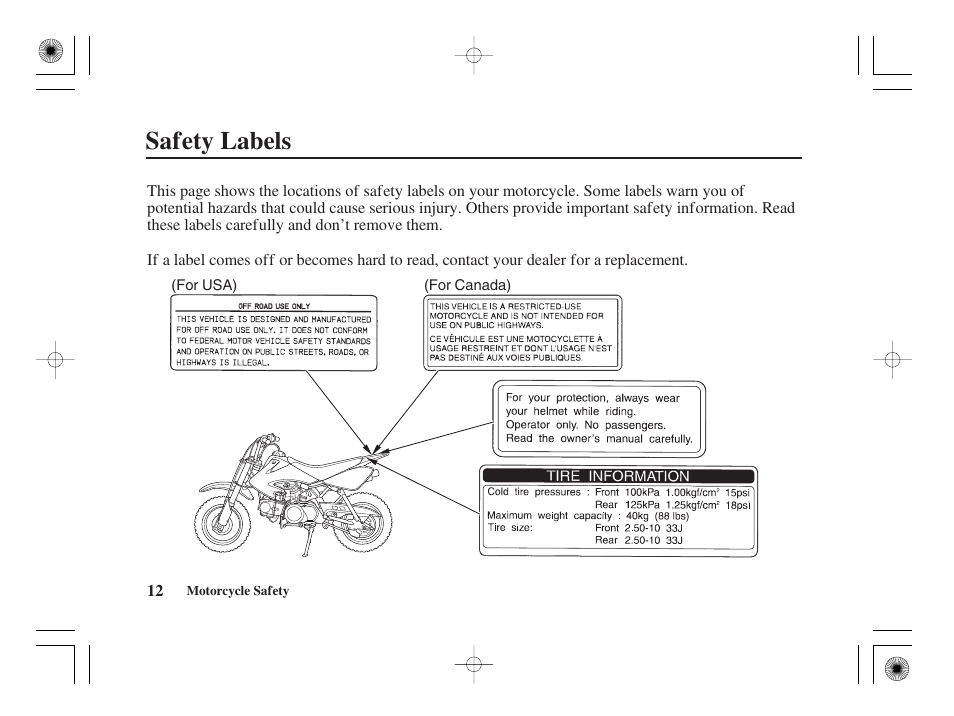 Safety labels | HONDA CRF50F User Manual | Page 20 / 172