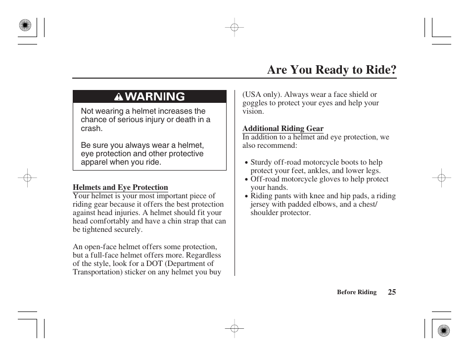 Are you ready to ride | HONDA CRF50F User Manual | Page 33 / 172