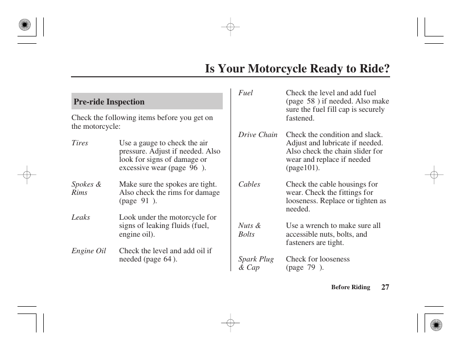 Is your motorcycle ready to ride | HONDA CRF50F User Manual | Page 35 / 172