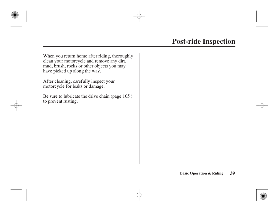 Post-ride inspection | HONDA CRF50F User Manual | Page 47 / 172