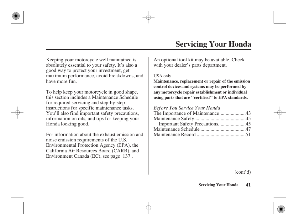 Servicing your honda | HONDA CRF50F User Manual | Page 49 / 172
