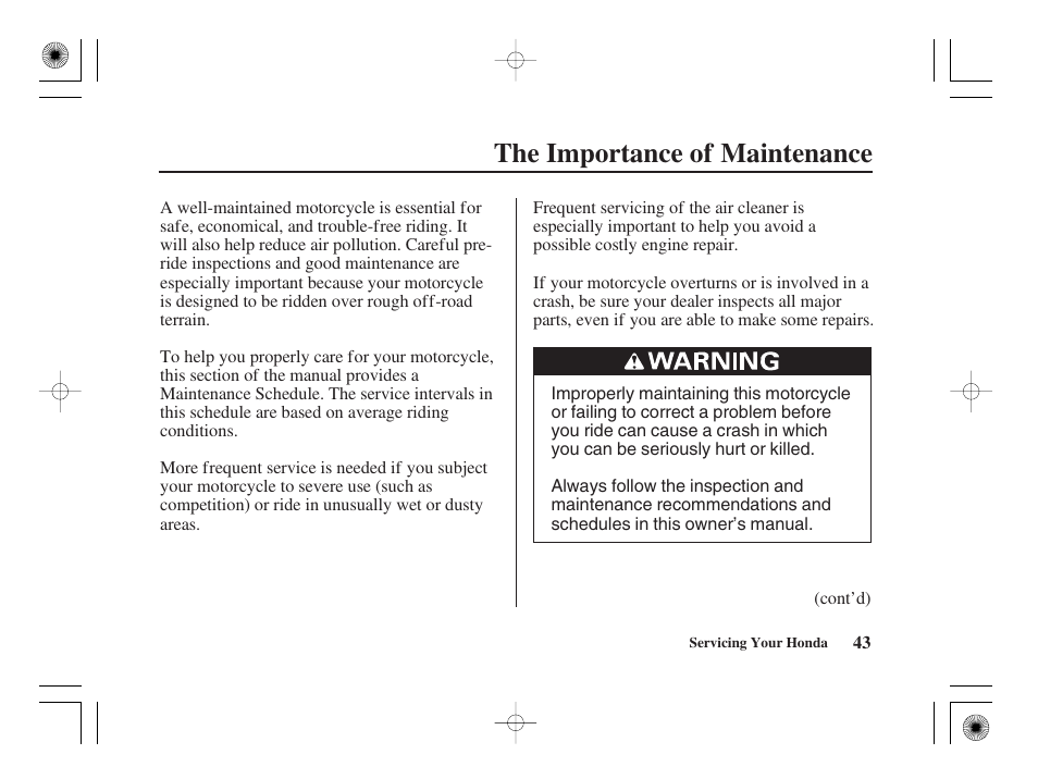 The importance of maintenance | HONDA CRF50F User Manual | Page 51 / 172