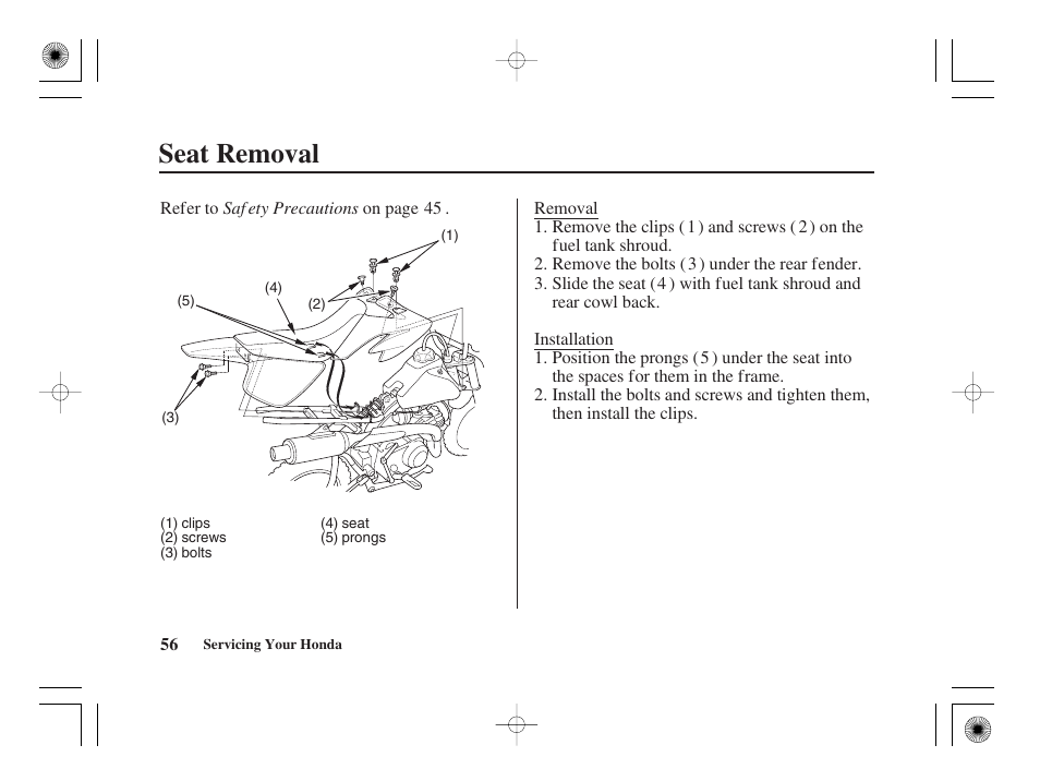 Seat removal | HONDA CRF50F User Manual | Page 64 / 172