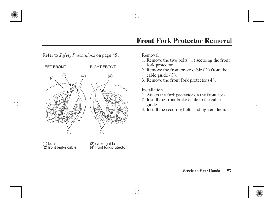 Front fork protector removal | HONDA CRF50F User Manual | Page 65 / 172