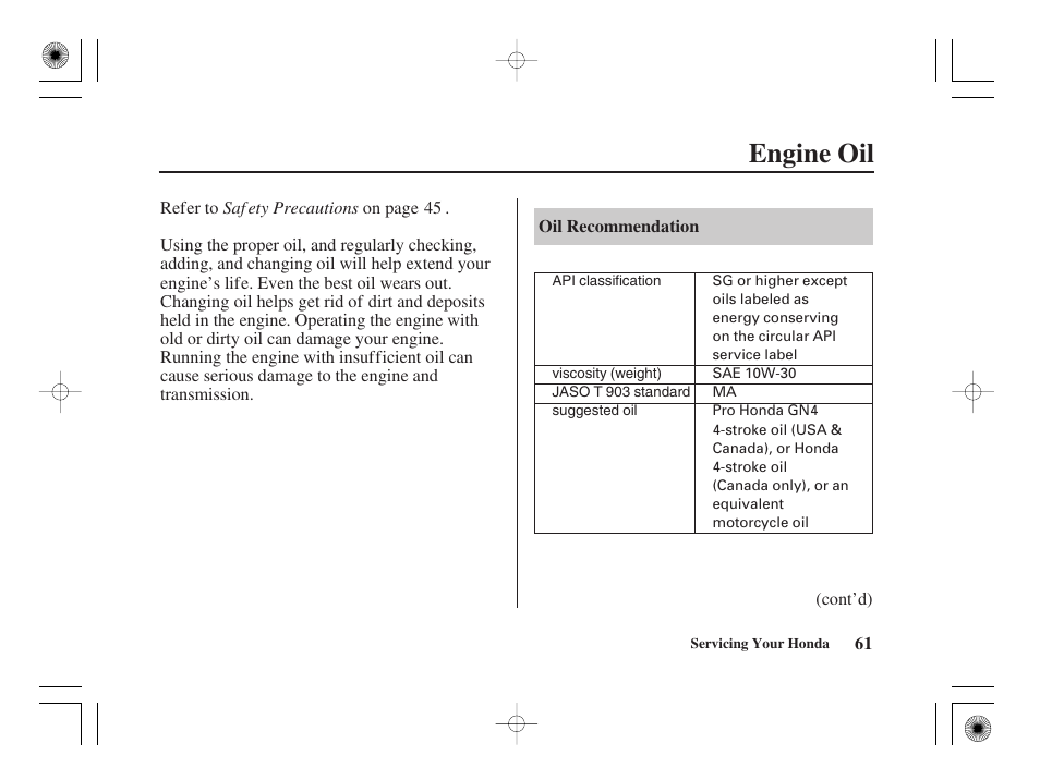 Engine oil | HONDA CRF50F User Manual | Page 69 / 172