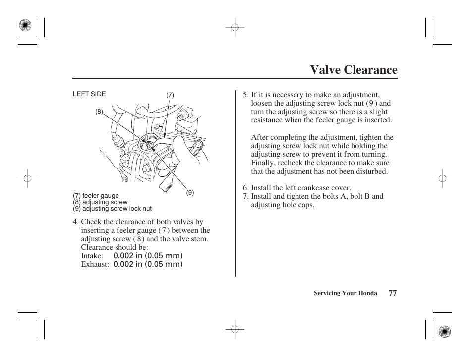 Valve clearance | HONDA CRF50F User Manual | Page 85 / 172