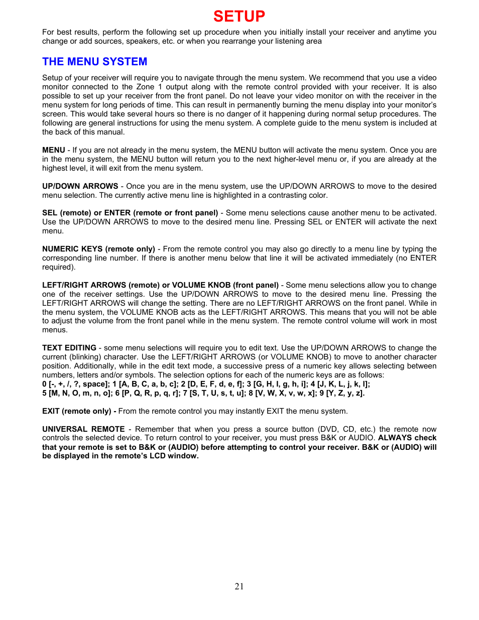 Setup, The menu system | B&K AVR507 User Manual | Page 25 / 88
