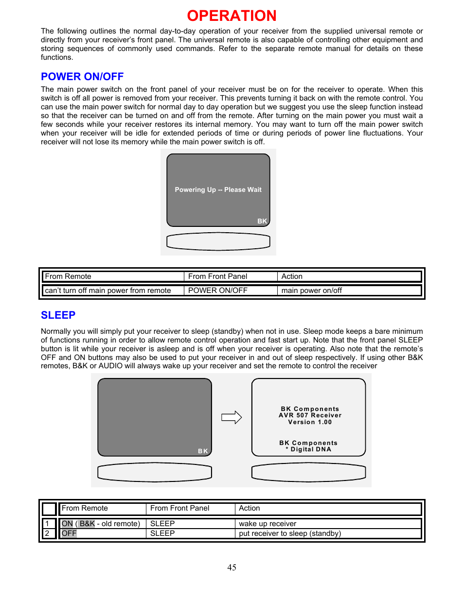 Operation, Power on/off, Sleep | B&K AVR507 User Manual | Page 49 / 88