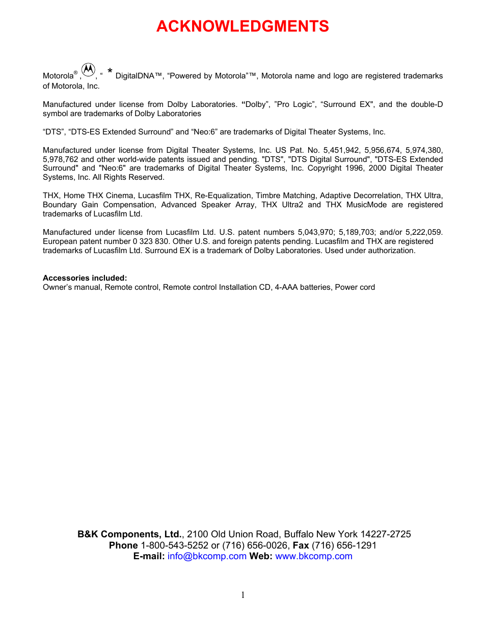 Acknowledgments | B&K AVR507 User Manual | Page 5 / 88