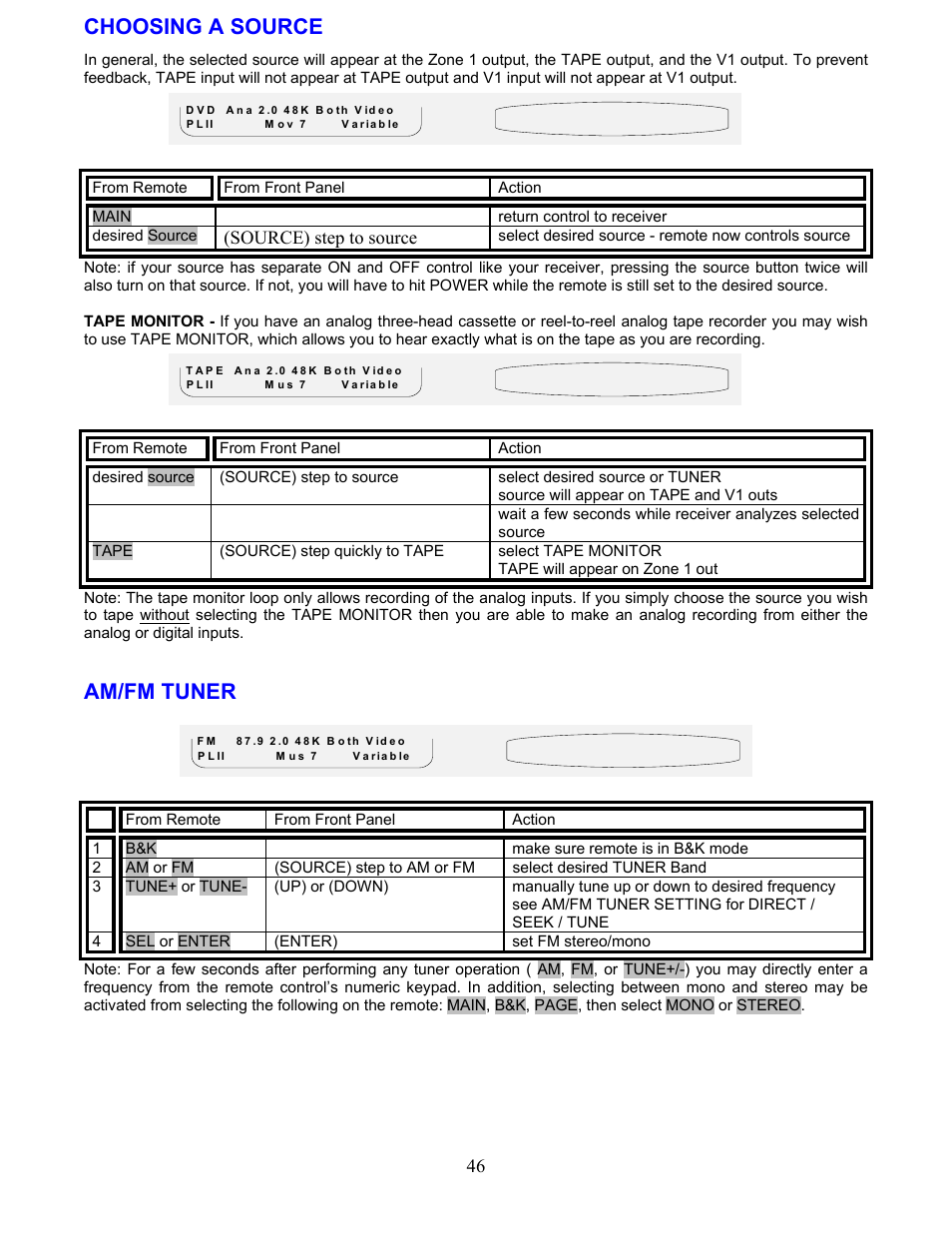 Choosing a source, Am/fm tuner | B&K AVR507 User Manual | Page 50 / 88