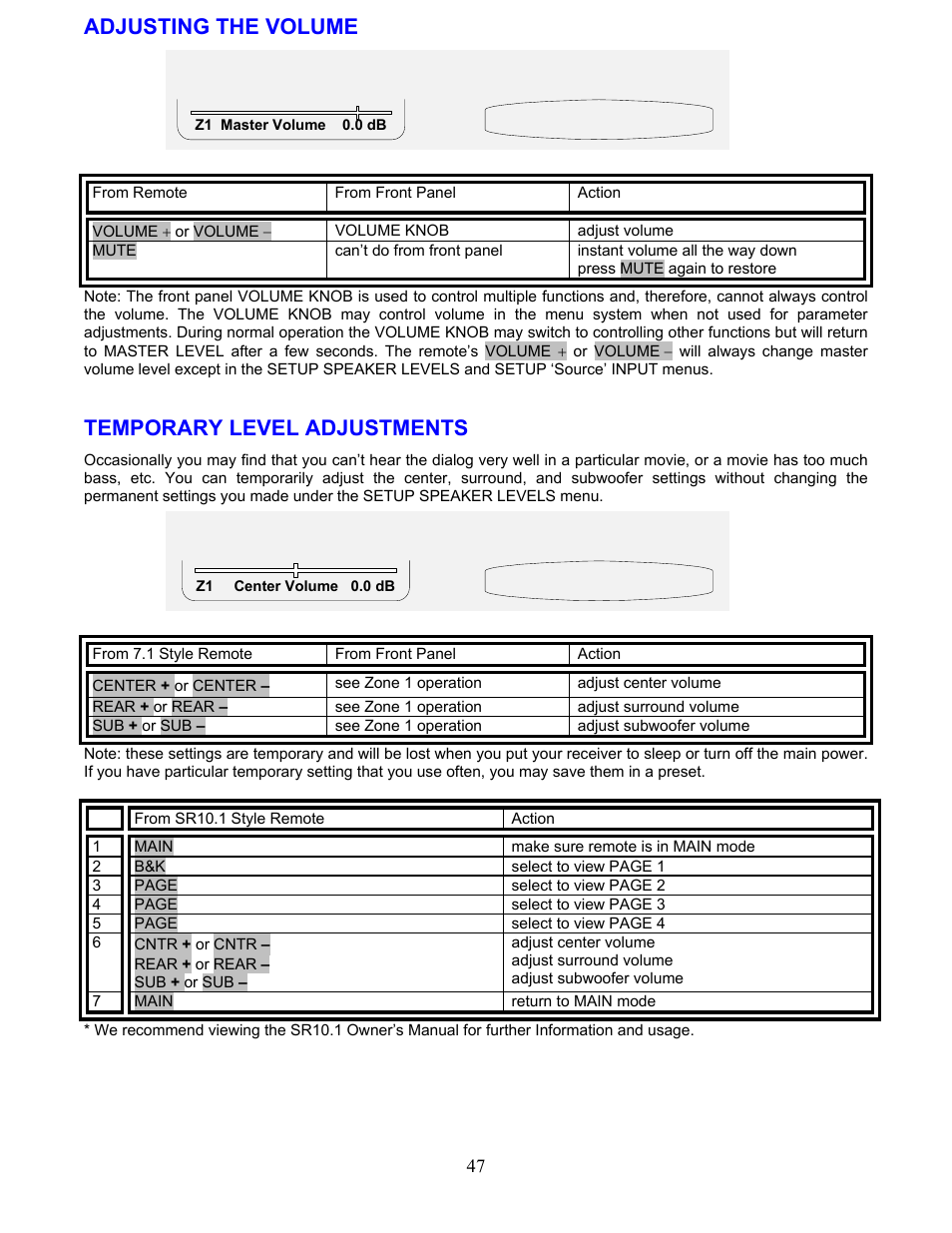 Adjusting the volume, Temporary level adjustments | B&K AVR507 User Manual | Page 51 / 88