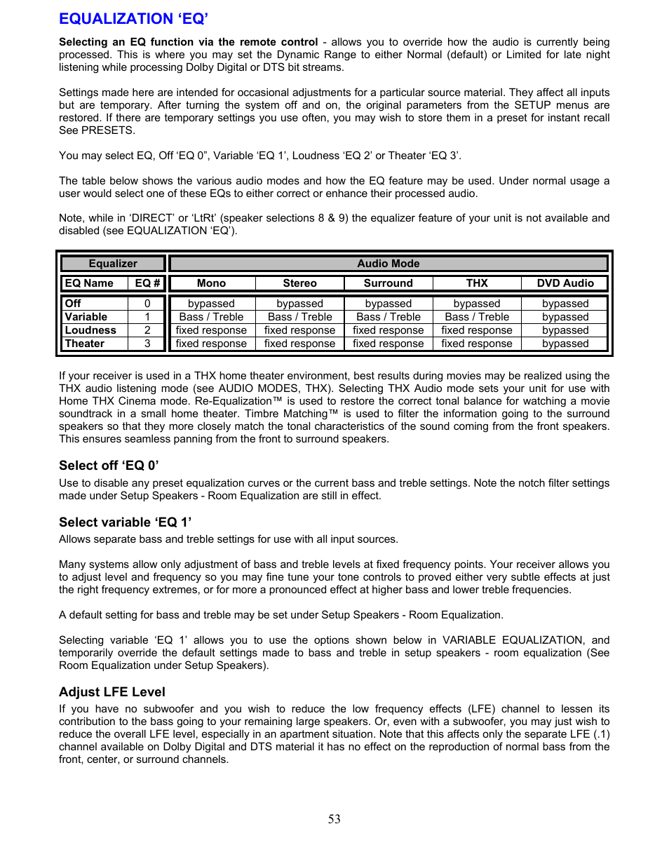 Equalization ‘eq, Select off ‘eq 0, Select variable ‘eq 1 | Adjust lfe level | B&K AVR507 User Manual | Page 57 / 88