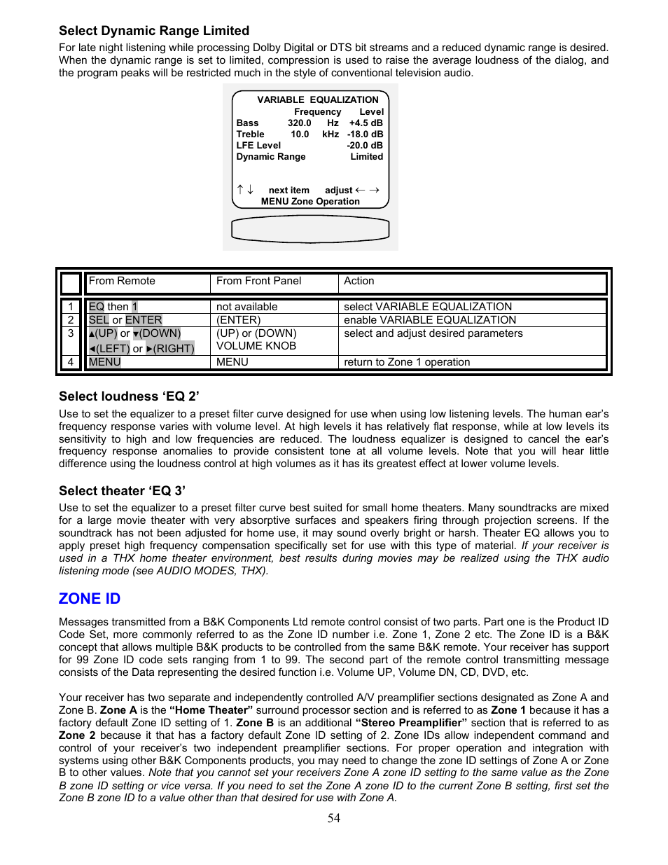 Select dynamic range limited, Select loudness ‘eq 2, Select theater ‘eq 3 | Zone id, Select theater eq ‘eq 3 | B&K AVR507 User Manual | Page 58 / 88