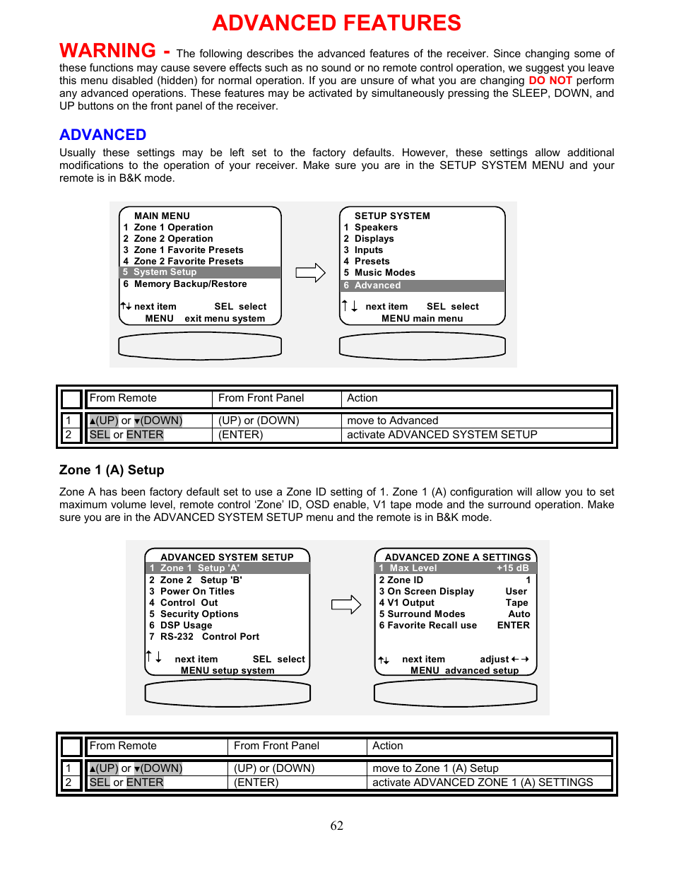 Advanced features, Advanced, Zone 1 (a) setup | See advanced features), Warning | B&K AVR507 User Manual | Page 66 / 88