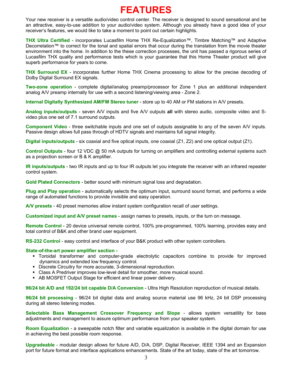 Features | B&K AVR507 User Manual | Page 7 / 88