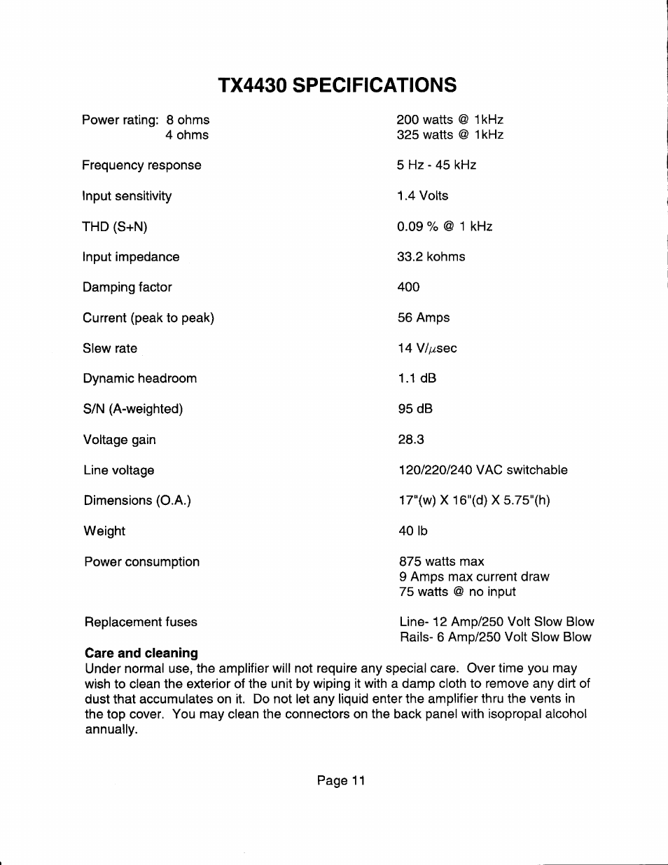 Tx4430 specifications | B&K TX4430 User Manual | Page 13 / 15