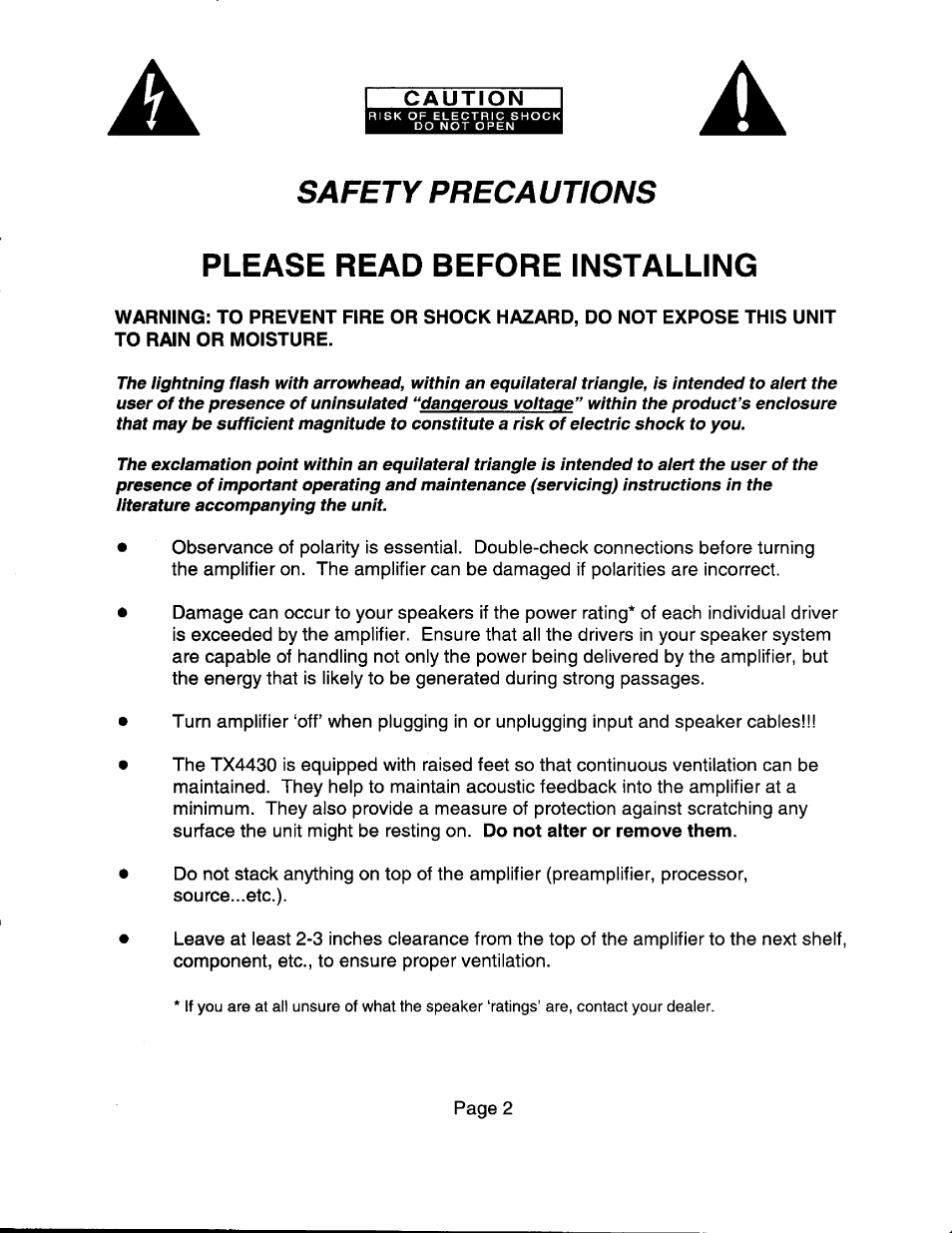 Please read before installing, Safety precautions please read before installing | B&K TX4430 User Manual | Page 4 / 15