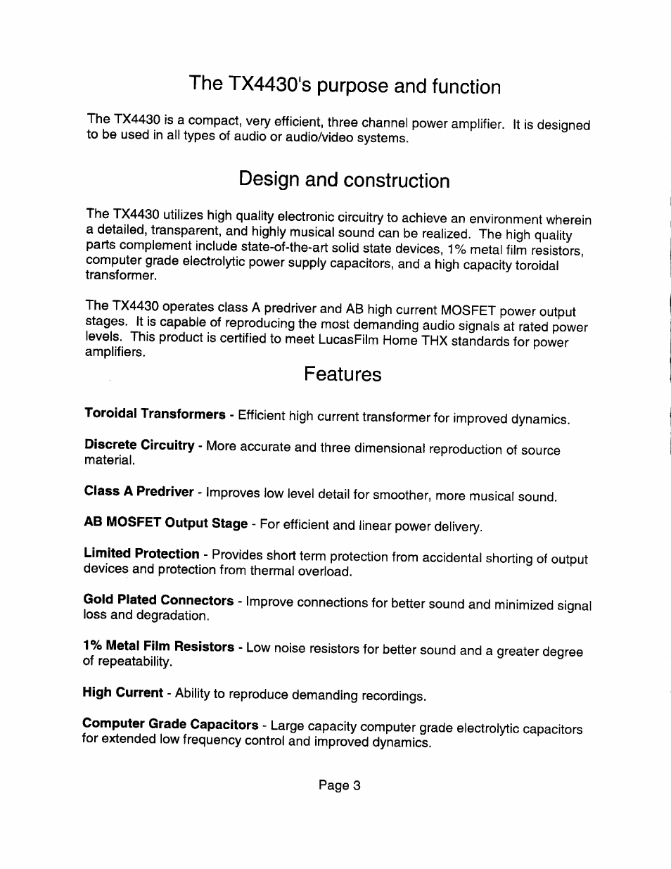 The tx4430's purpose and function, Design and construction, Features | B&K TX4430 User Manual | Page 5 / 15