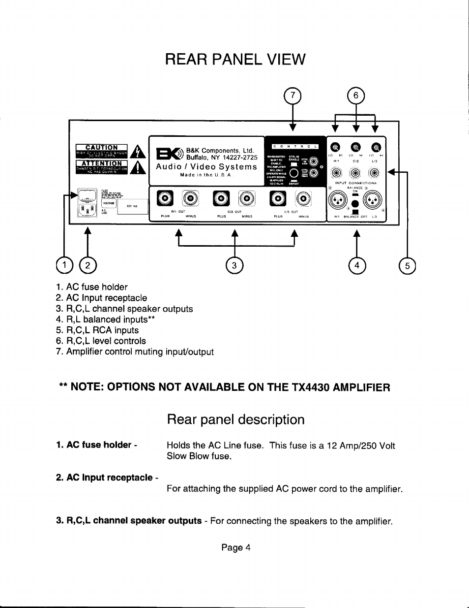 Rear panel view, Rear panel description, Caution | I attention i | B&K TX4430 User Manual | Page 6 / 15