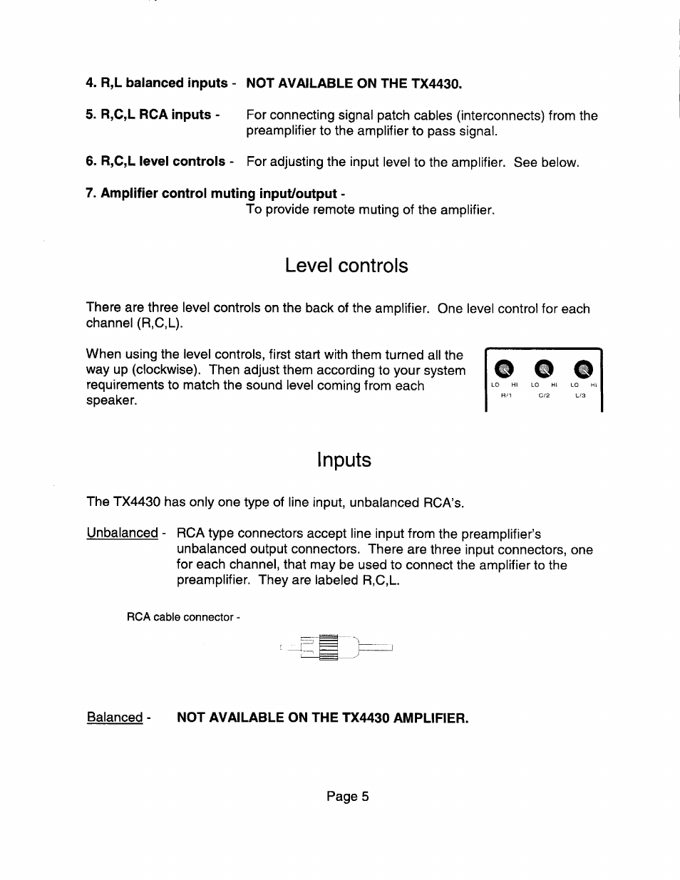 Level controls, Inputs | B&K TX4430 User Manual | Page 7 / 15