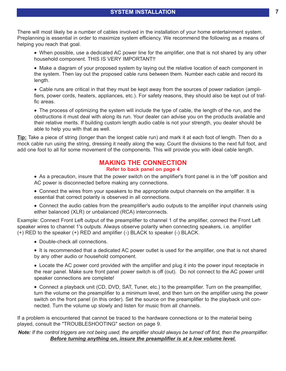 System installation, Making the connection | B&K 200.7 S2 User Manual | Page 9 / 12