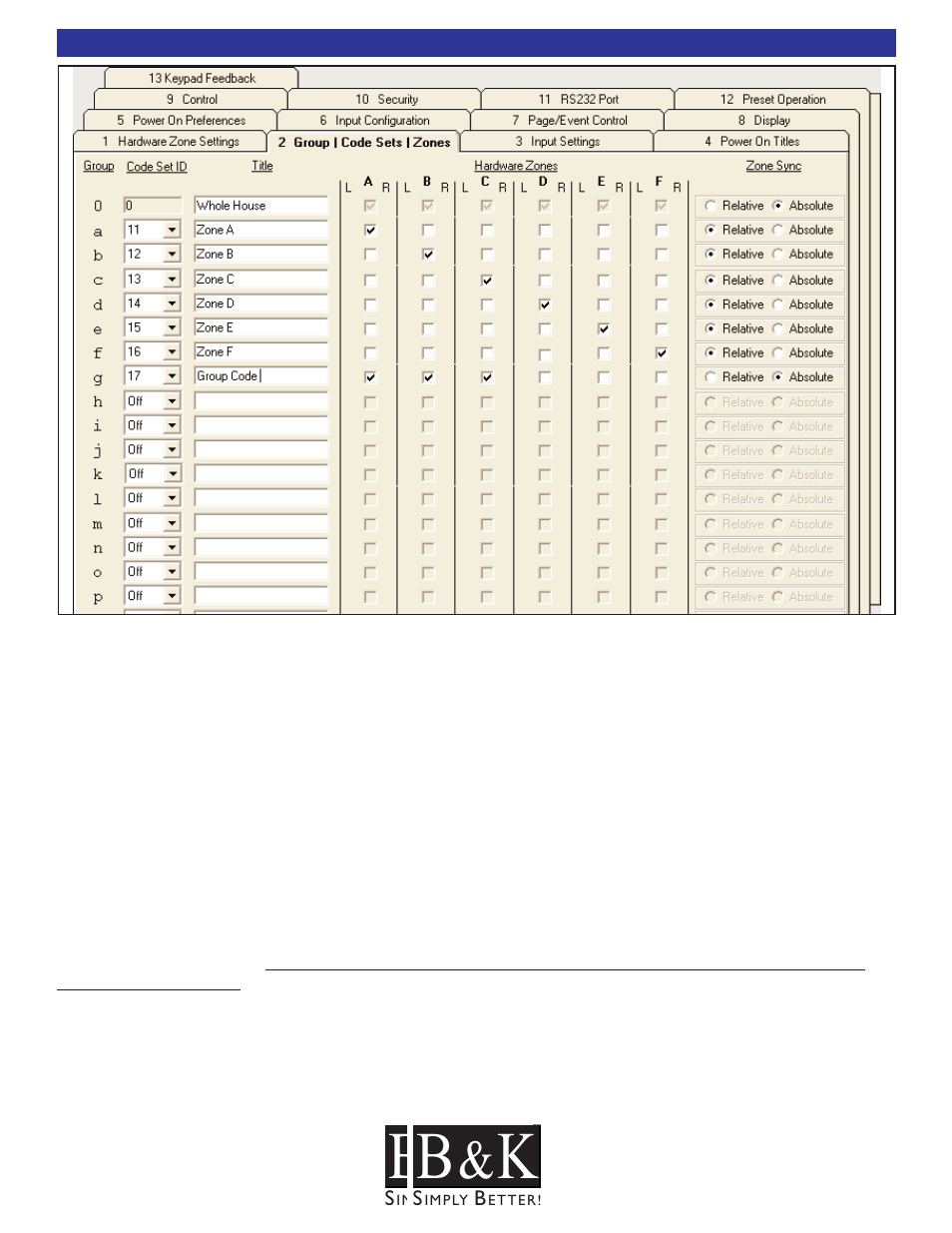 Groups / code sets / zones, Groups / code sets / zones - tab 2 | B&K CT600.1 User Manual | Page 44 / 88