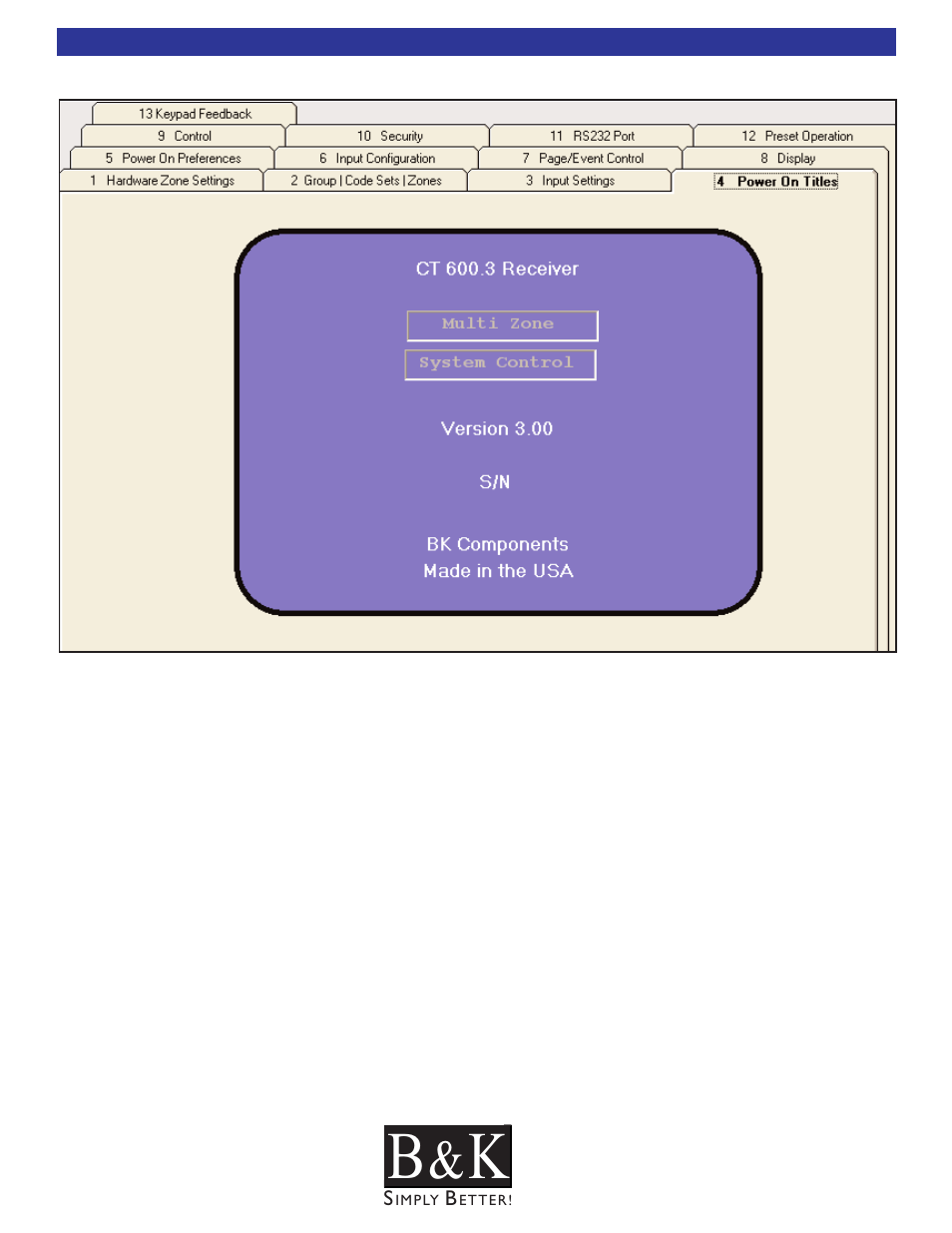 Power on titles - tab 4 | B&K CT600.1 User Manual | Page 49 / 88