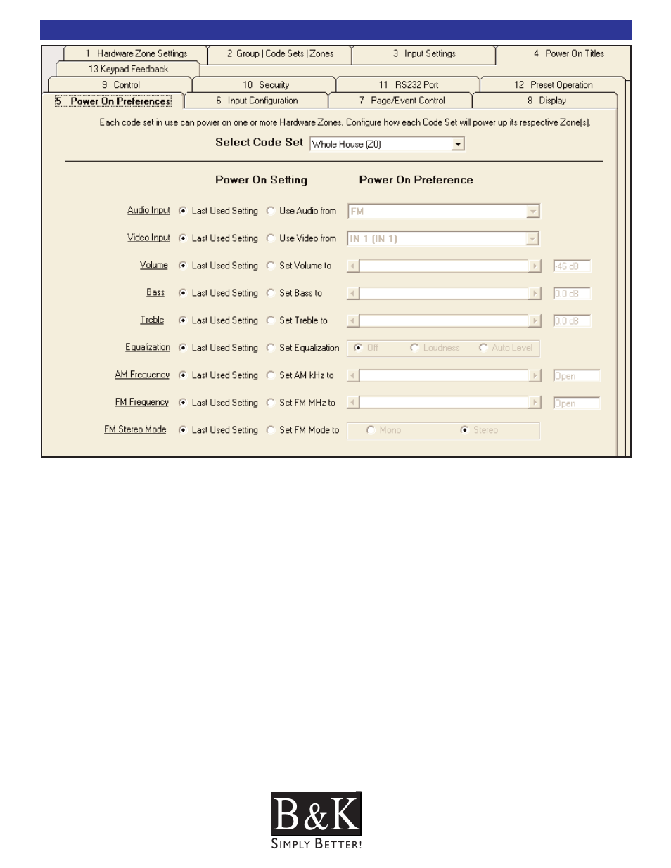 Power-on preferences - tab 5 | B&K CT600.1 User Manual | Page 50 / 88