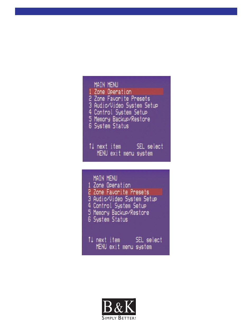 On screen main menu, Main menu | B&K CT600.1 User Manual | Page 70 / 88