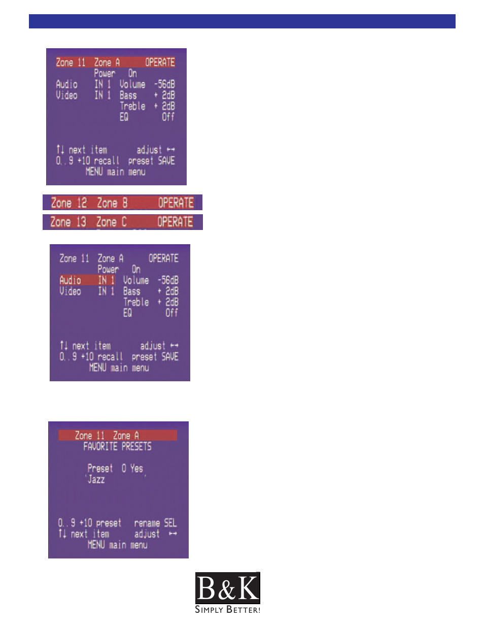 Zone operation, Zone favorite presets menu, Zone operation menu | B&K CT600.1 User Manual | Page 71 / 88