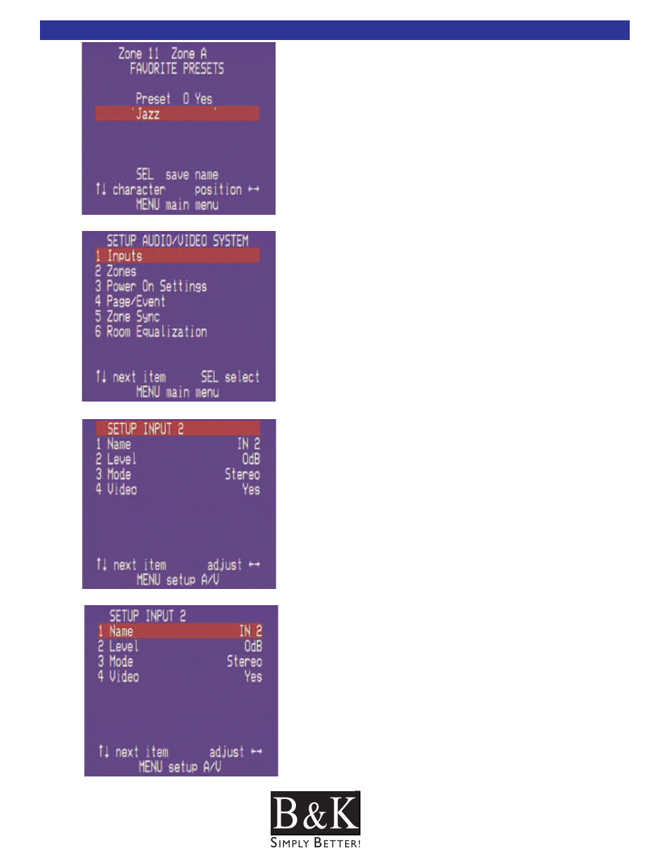 Audio/video system setup, Inputs sub-menu, Naming an input | B&K CT600.1 User Manual | Page 72 / 88