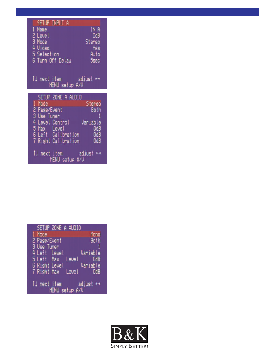 Menu items for a dedicated input, Zone menu, Zone menu when set to mono | B&K CT600.1 User Manual | Page 73 / 88