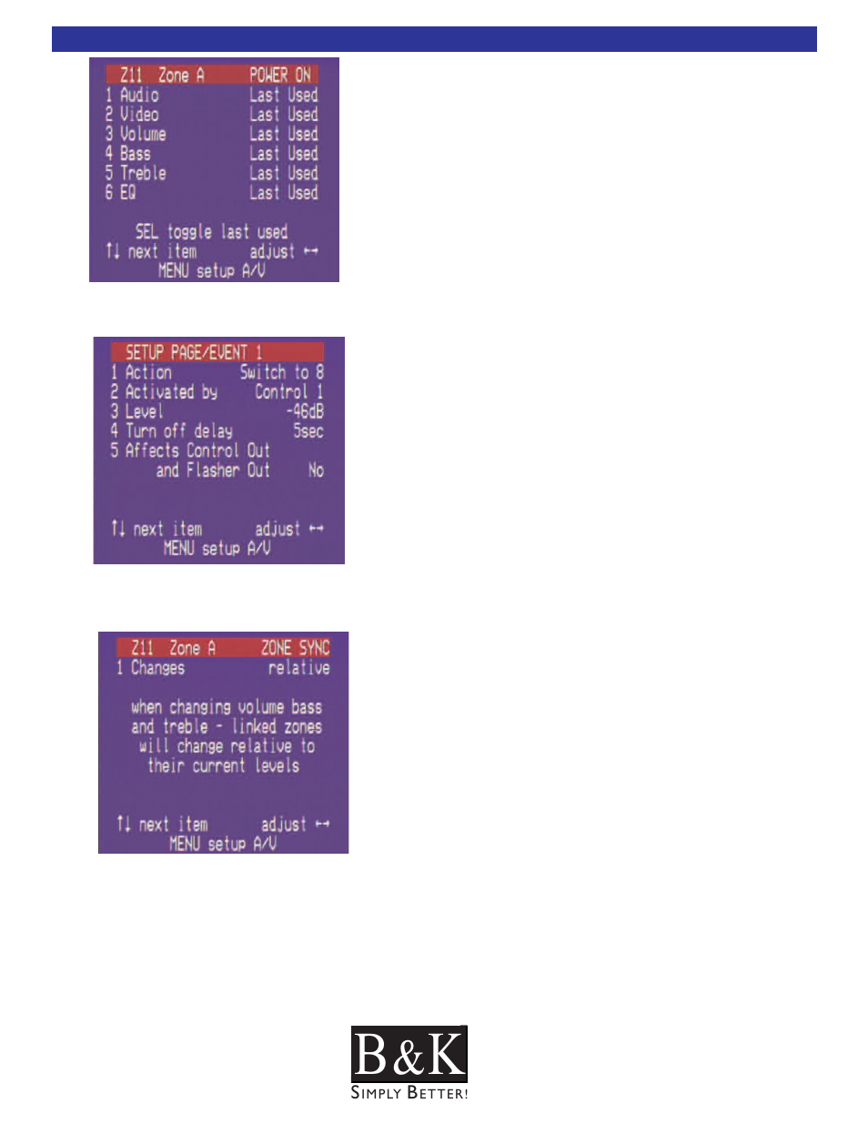 Zone power on settings, Page/event setup | B&K CT600.1 User Manual | Page 74 / 88
