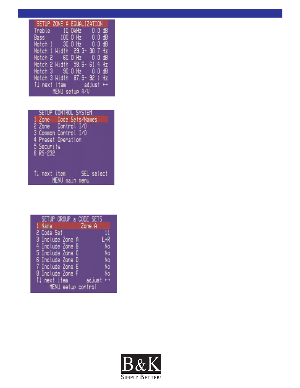 Control menu setup, Setup zone room equalization, Zone code-sets/names and group titles | B&K CT600.1 User Manual | Page 75 / 88