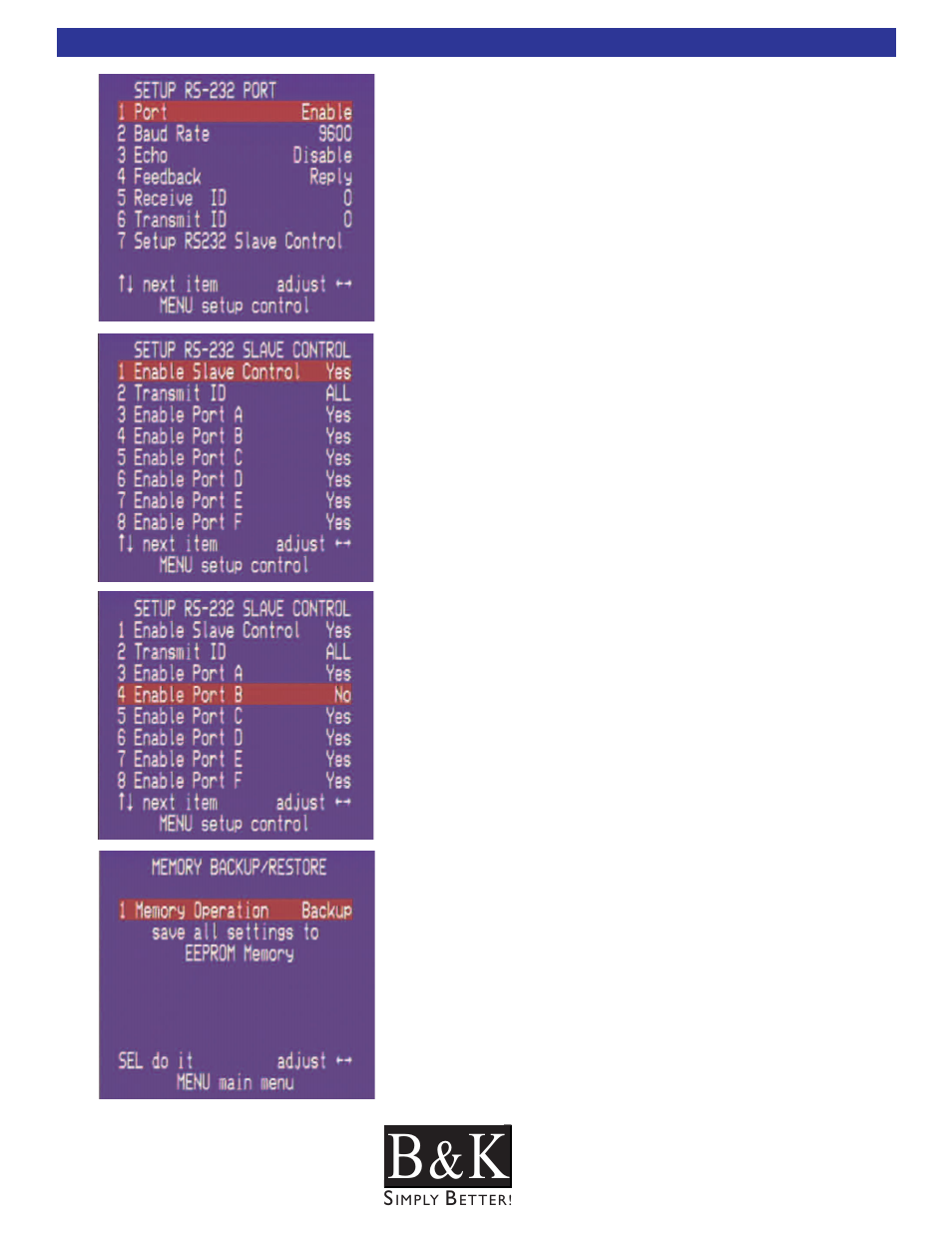 Control system setup, Rs-232 options | B&K CT600.1 User Manual | Page 79 / 88
