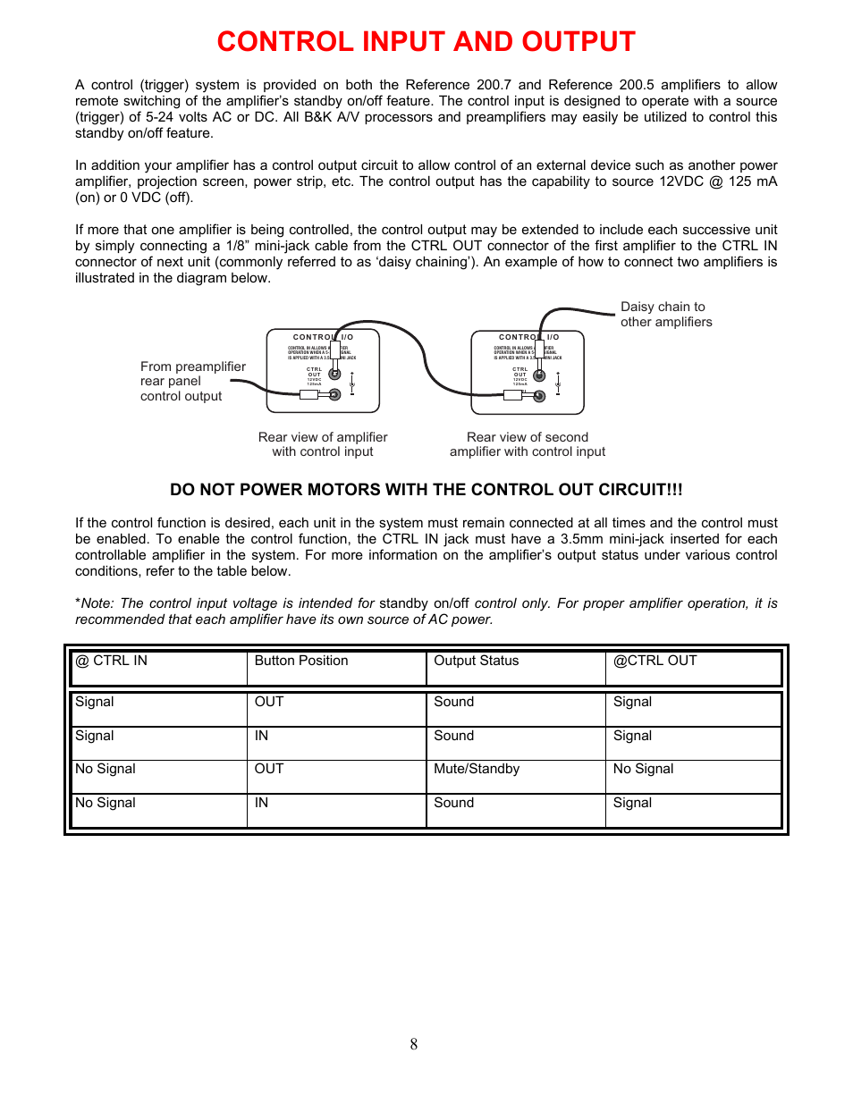 Control input and output, Age 8, Do not power motors with the control out circuit | B&K P/N13445 User Manual | Page 11 / 16