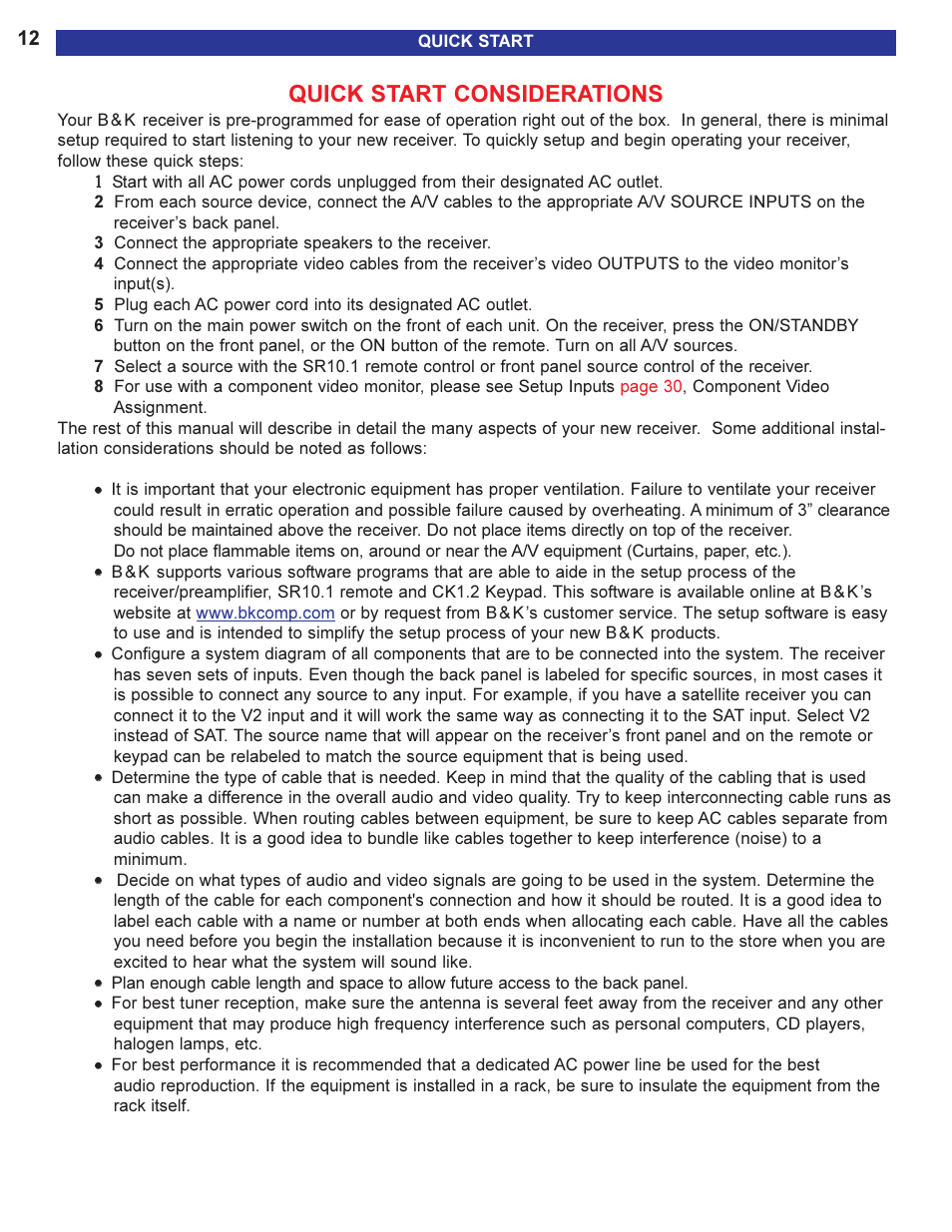 Quick start considerations | B&K AVR505 SERIES 2 User Manual | Page 14 / 64