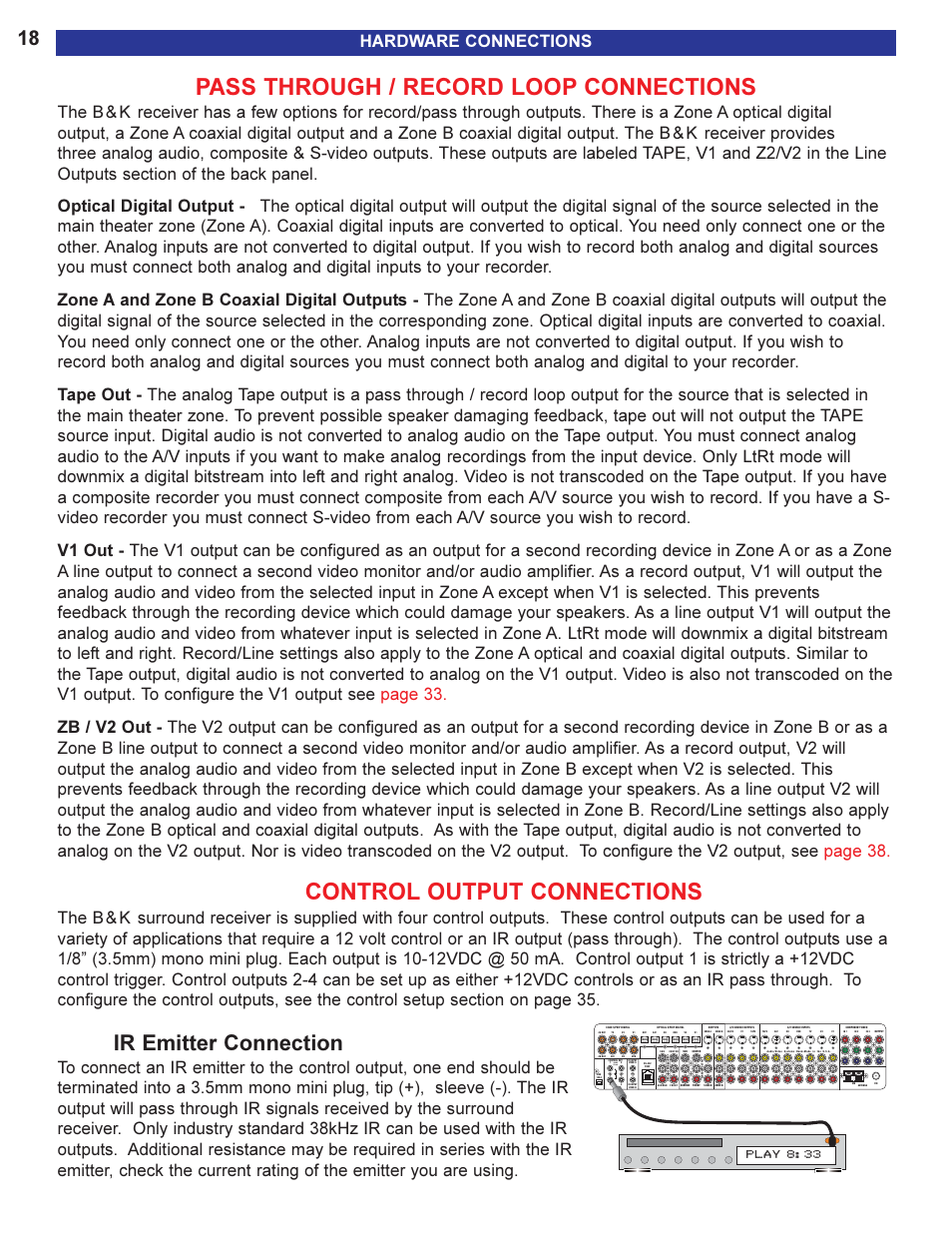 Pass through / record loop c, Control output connections, Ir emitter connection | Pass through / record loop connections, R zone b recording, 12vdc 50 ma | B&K AVR505 SERIES 2 User Manual | Page 20 / 64