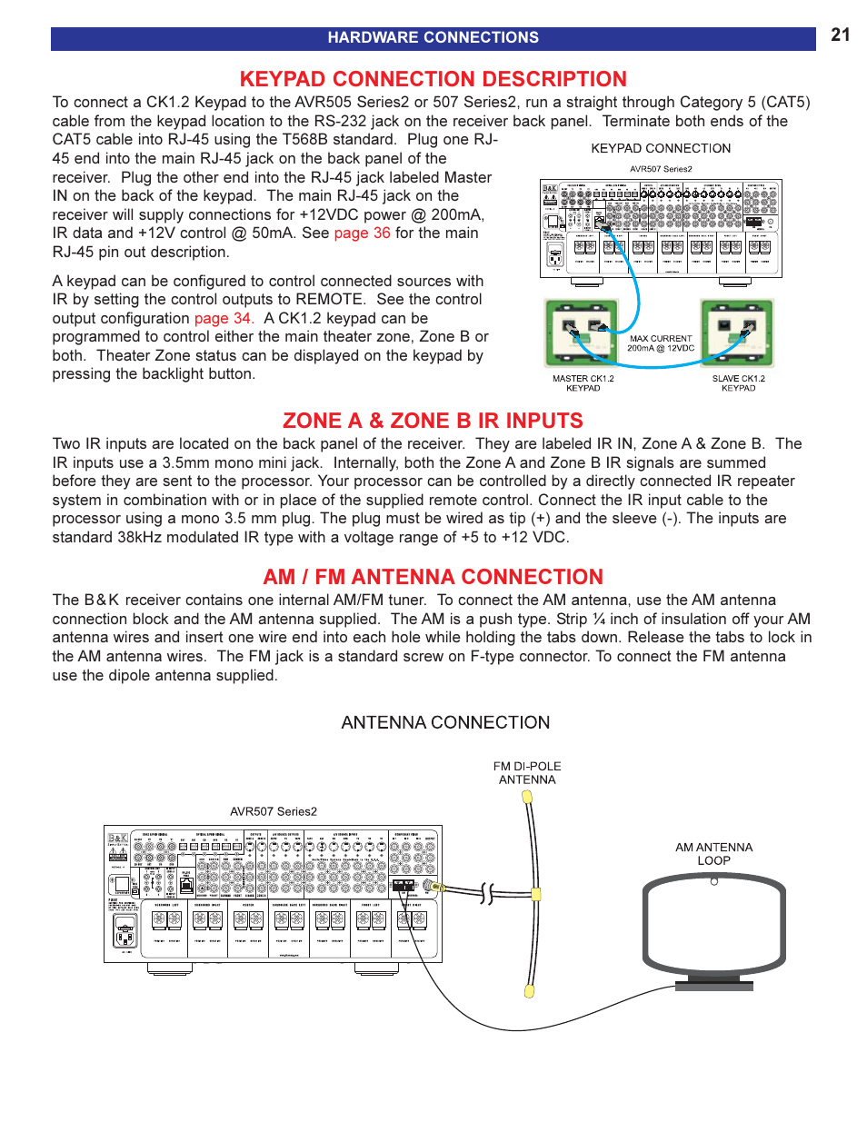 Keypad connection descriptio, Zone a & zone b ir inputs, Am / fm antenna connection | Keypad connection description | B&K AVR505 SERIES 2 User Manual | Page 23 / 64