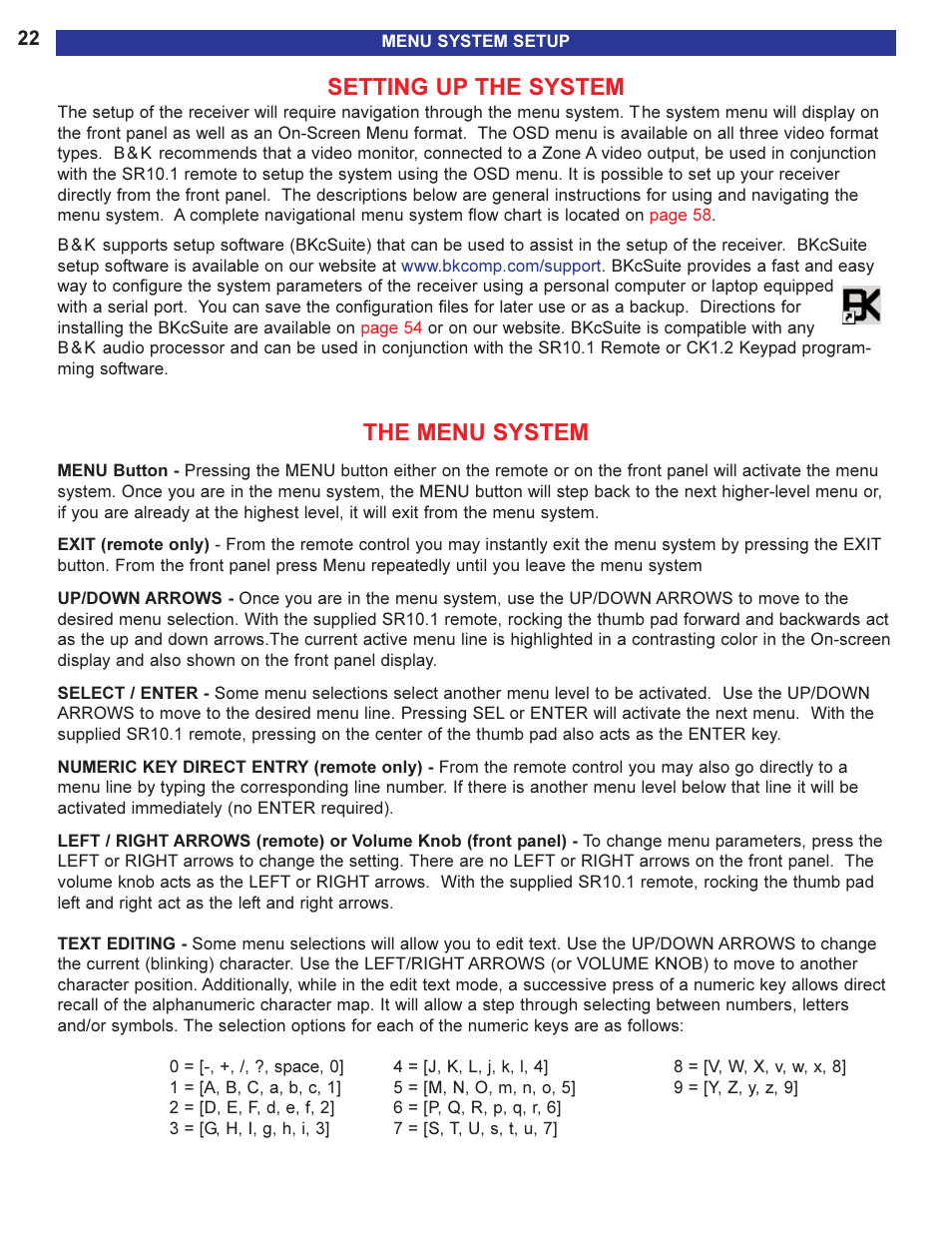 Setting up the system, The menu system | B&K AVR505 SERIES 2 User Manual | Page 24 / 64