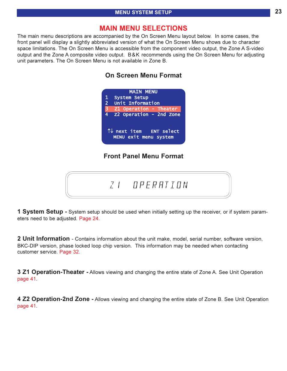 Main menu selections, On screen menu format front panel menu format, 1 system setup | 2 unit information, 3 z1 operation-theater, 4 z2 operation-2nd zone | B&K AVR505 SERIES 2 User Manual | Page 25 / 64