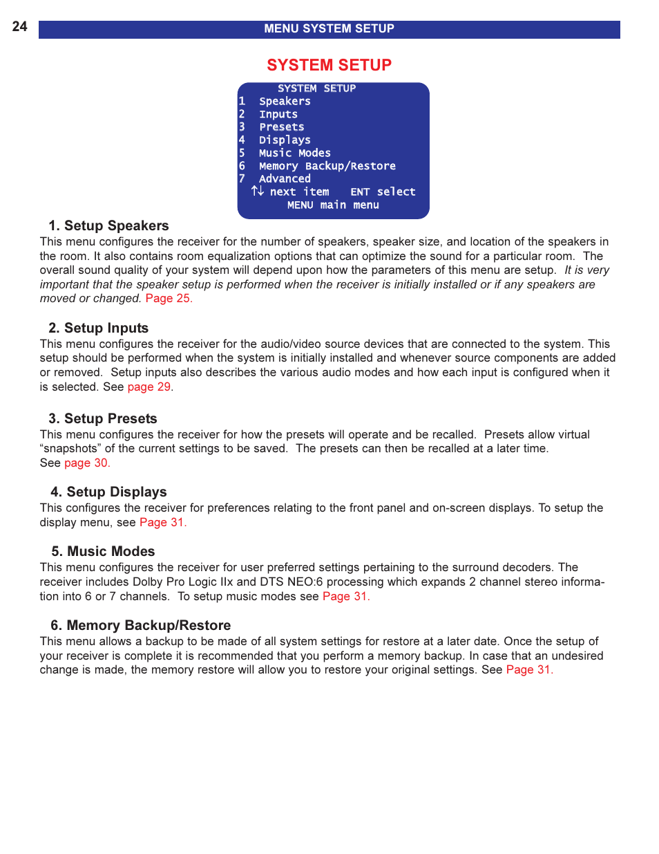 System setup, Eters need to be adjusted, Setup speakers | Setup inputs, Setup presets, Setup displays, Music modes | B&K AVR505 SERIES 2 User Manual | Page 26 / 64