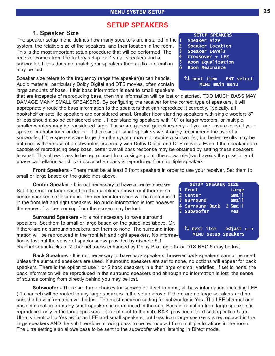 Setup speakers, Speaker size, Is selected. see | B&K AVR505 SERIES 2 User Manual | Page 27 / 64