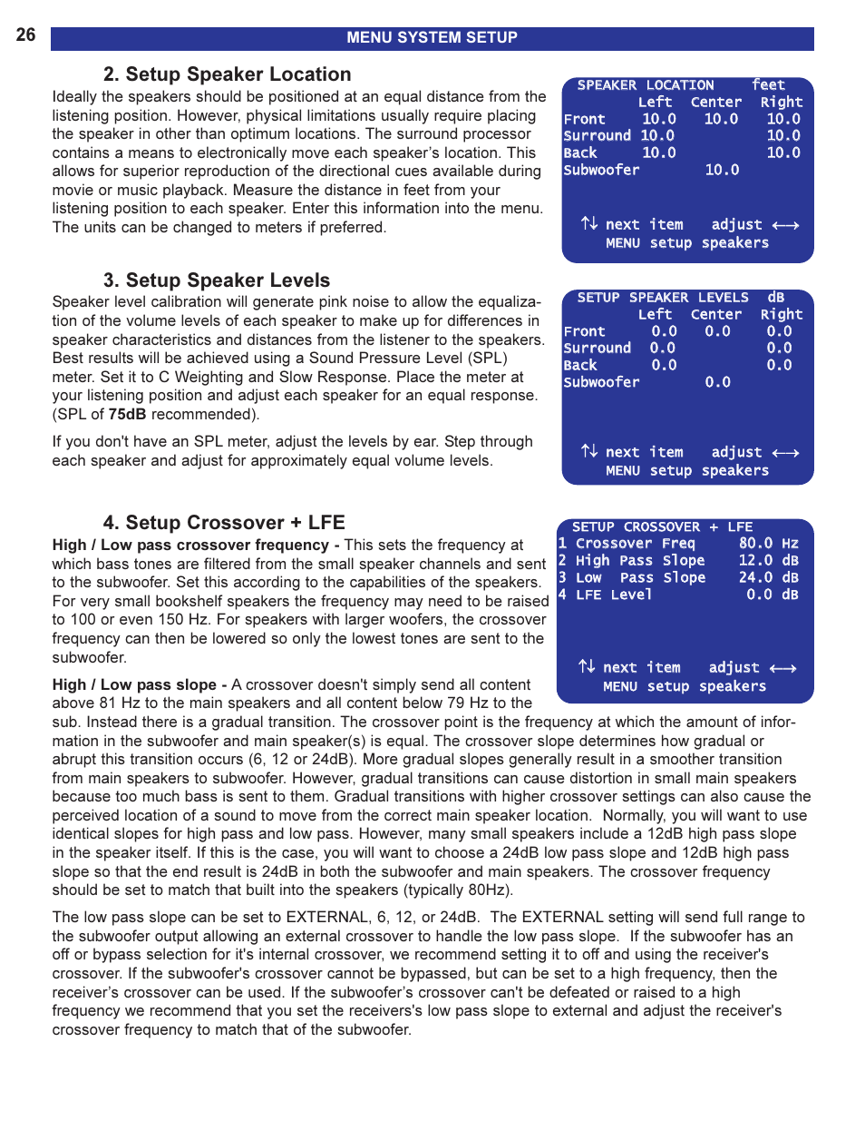 Setup speaker location, Setup speaker levels, Setup crossover + lfe | B&K AVR505 SERIES 2 User Manual | Page 28 / 64