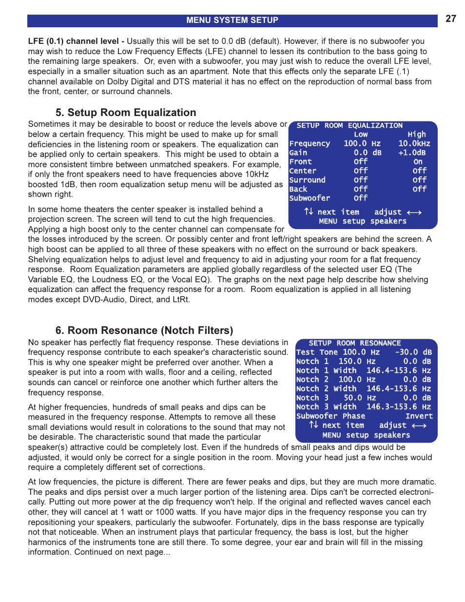 Setup room equalization, Room resonance (notch fil, Room resonance (notch filters) | B&K AVR505 SERIES 2 User Manual | Page 29 / 64