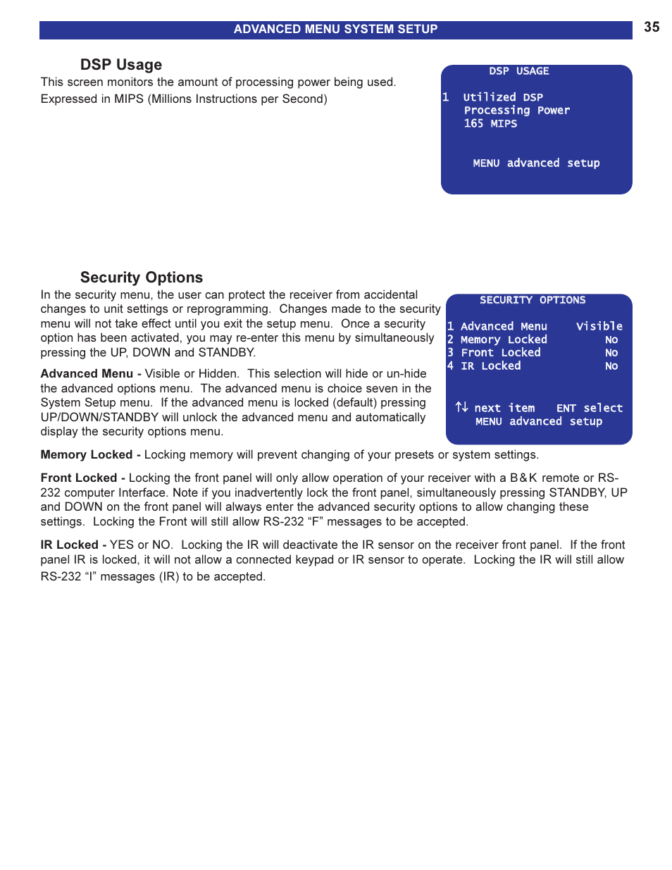 Dsp usage, Security options | B&K AVR505 SERIES 2 User Manual | Page 37 / 64